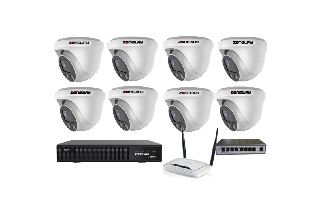 5MPx kamerový IP POE set - 8x NC960, POE switch 8 + 1, NVR | ZONEWAY 8-NC960-3016