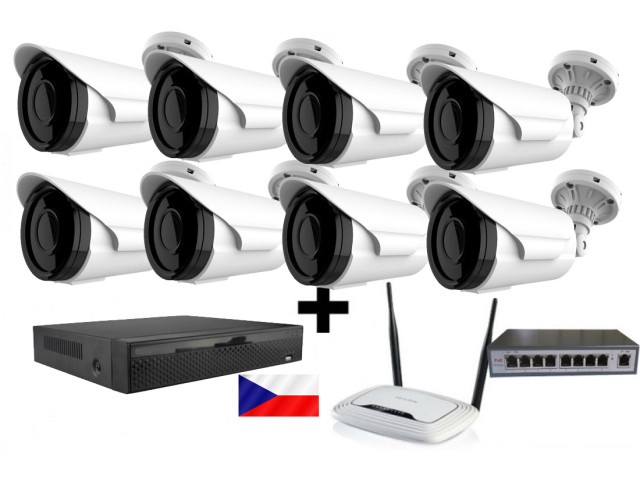 5MPx H265 kamerový IP POE set ZONEWAY - 8x NC965, vari, IR60m + NVR 2104 + router + POE switch 8 + 1