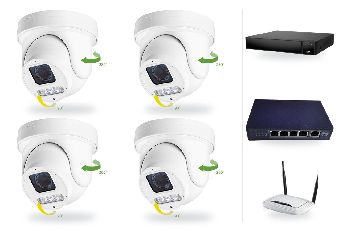 IP kamerový set 4x vonkajšia PTZ kamera 6 Mpx, zoom 4x, PoE switch 4+1, NVR3016 | ZONEWAY 4-X4DM6S-3016
