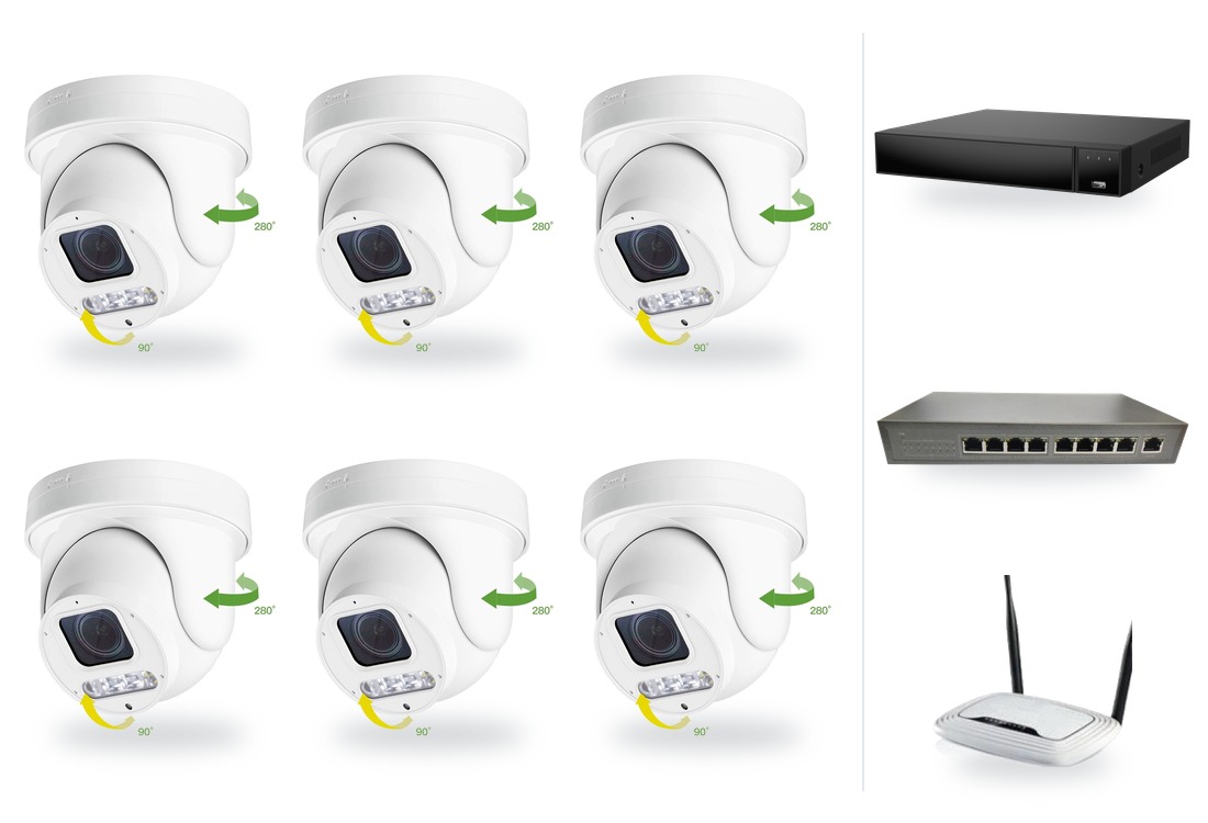 IP kamerový set 6x vonkajšia PTZ kamera 6 Mpx, zoom 4x, PoE switch 8+1, NVR3016 | ZONEWAY 6-X4DM6S-3016