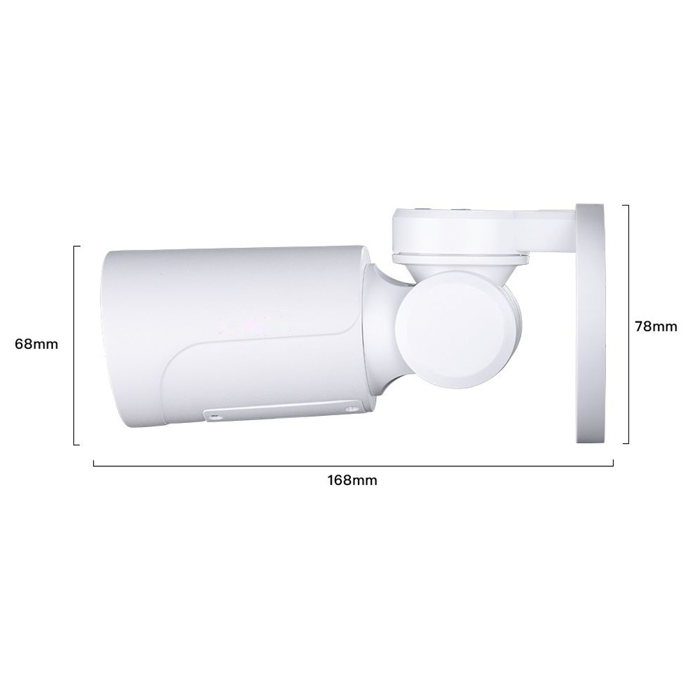 Rozmery vonkajšej IP kamery HICO X5I-M8S: 168 × 68 × 78 mm podľa výrobcu