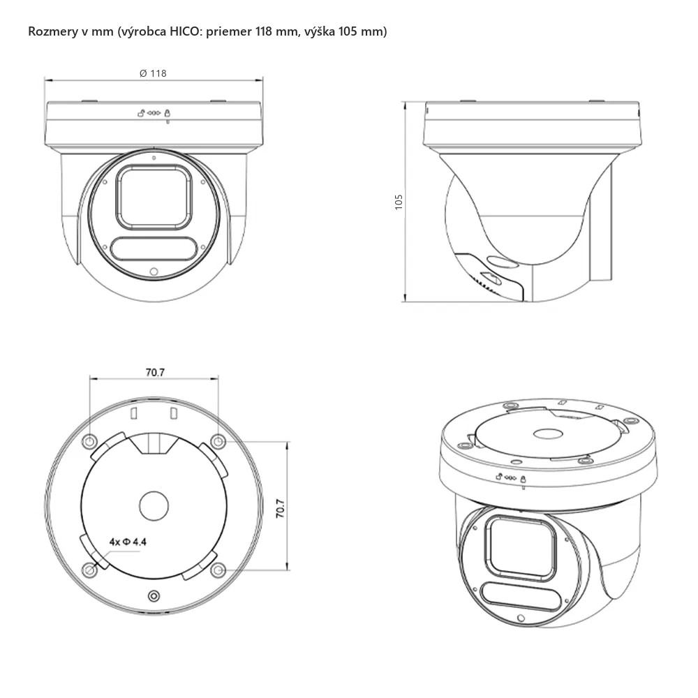 Rozmery kamery HICO X4D-M6S: priemer 118 mm, výška 105 mm