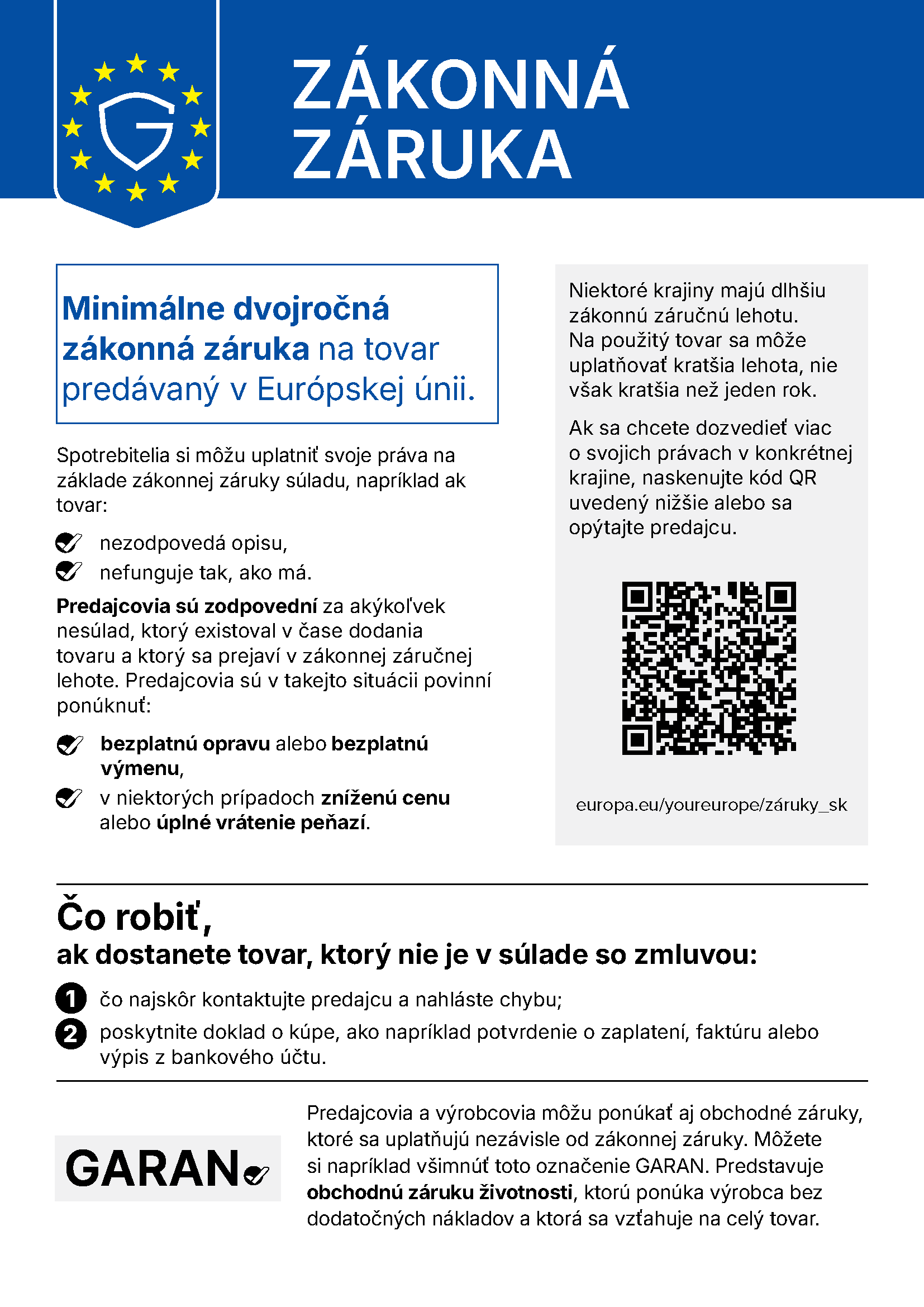 Zákonná záruka – oficiálne oznámenie Európskej únie o právach spotrebiteľa zo zákonnej záruky